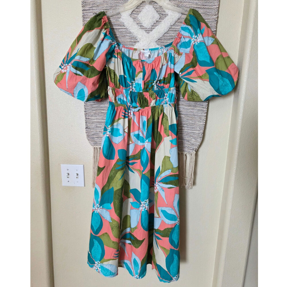 Peach Love California Floral Maxi Dress Women’s S Boho Colorful Puff Sleeve